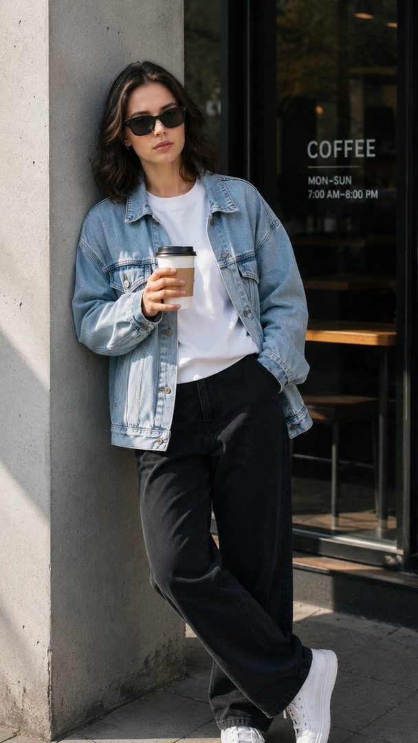 A young woman with brown hair, wearing sunglasses, a denim jacket, and black jeans, leans against a wall outside a coffee shop holding a coffee cup.