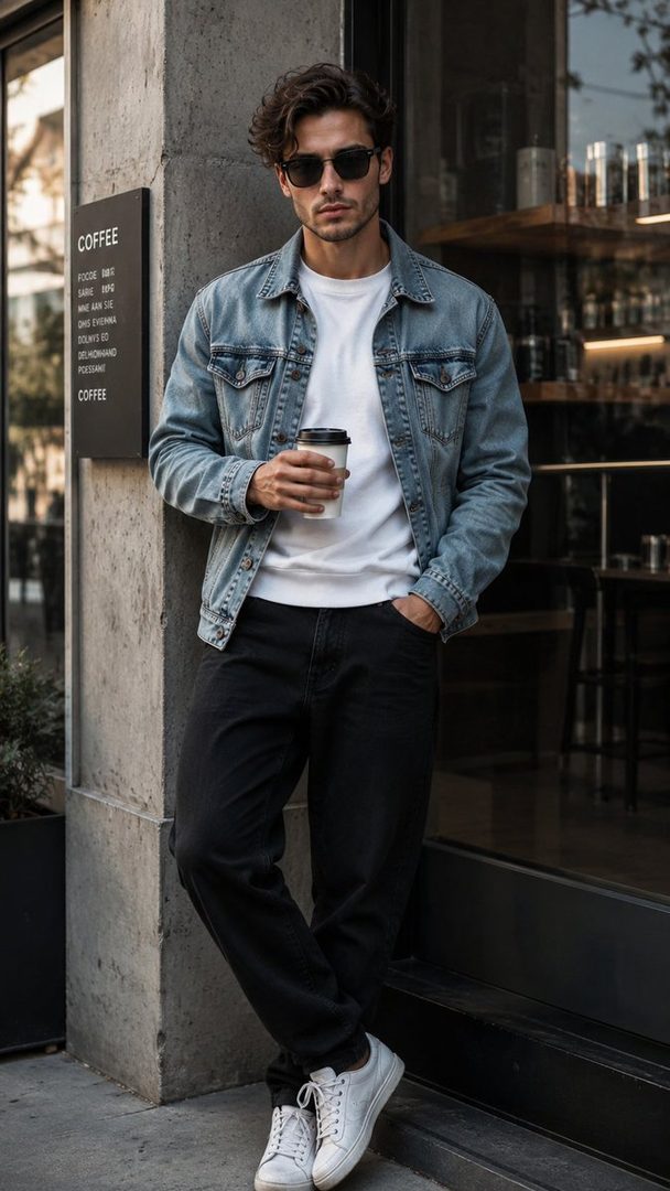 A stylish young man in a denim jacket and black jeans stands outside a coffee shop, holding a coffee cup.