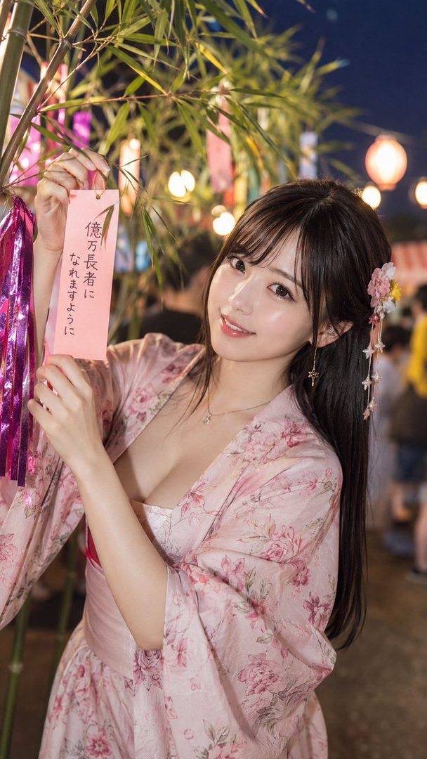 A young woman in a pink floral yukata holds a pink tanzaku (wish paper) under a bamboo tree at night, with lanterns in the background.