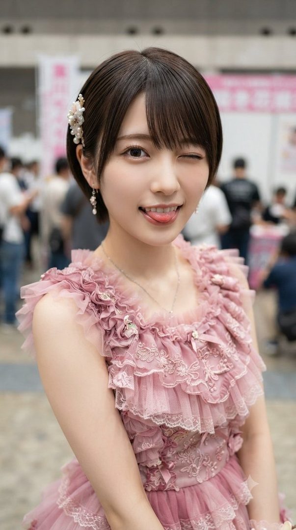 A young East Asian woman with short brown hair winks and sticks out her tongue, wearing a frilly pink dress and pearl hair accessories.