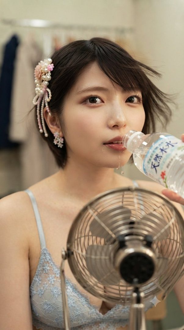 A young woman with short black hair, wearing a light blue lace camisole and a floral hair accessory, drinks water from a bottle in front of a fan.