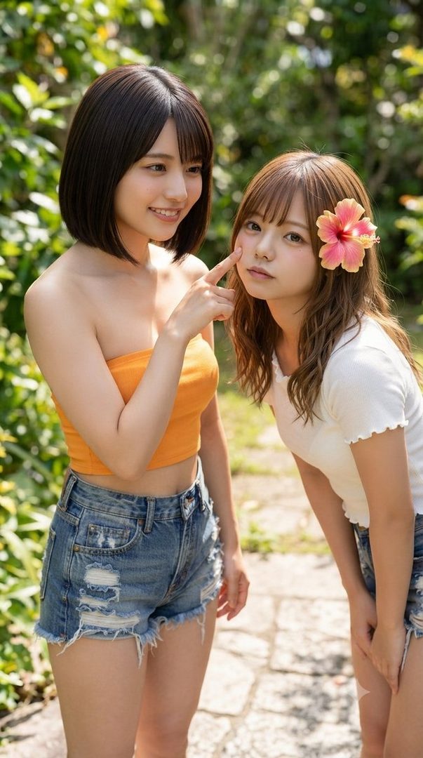 Two young women in casual summer outfits posing outdoors, one playfully touching the other's cheek.