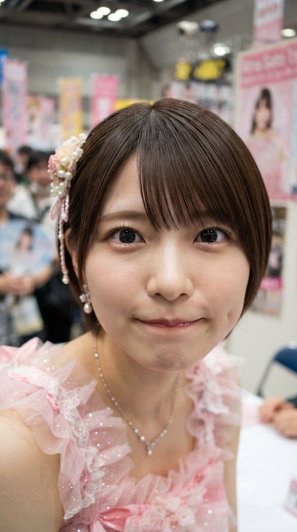 A young East Asian woman with short brown hair and bangs, wearing a pink frilly dress and a pearl necklace, smiles gently at the camera. She has a flower and pearl hair accessory and dimples. The background is blurred, suggesting an indoor event.