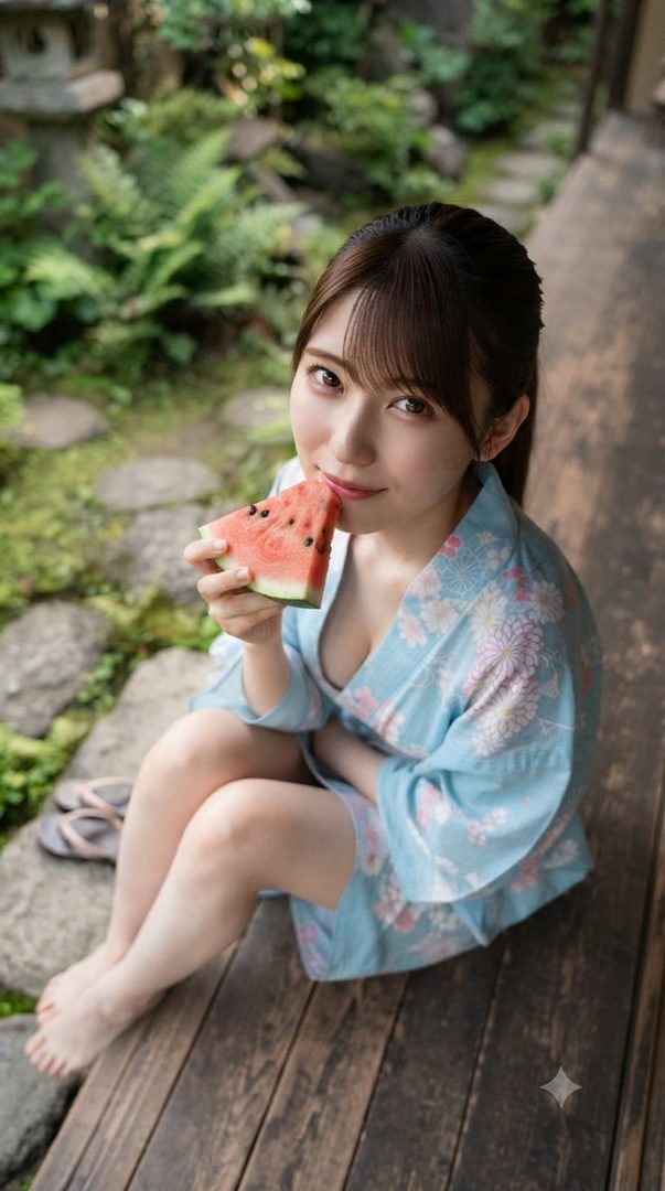 A young woman in a light blue yukata with floral patterns sits outdoors, holding a slice of watermelon to her lips.