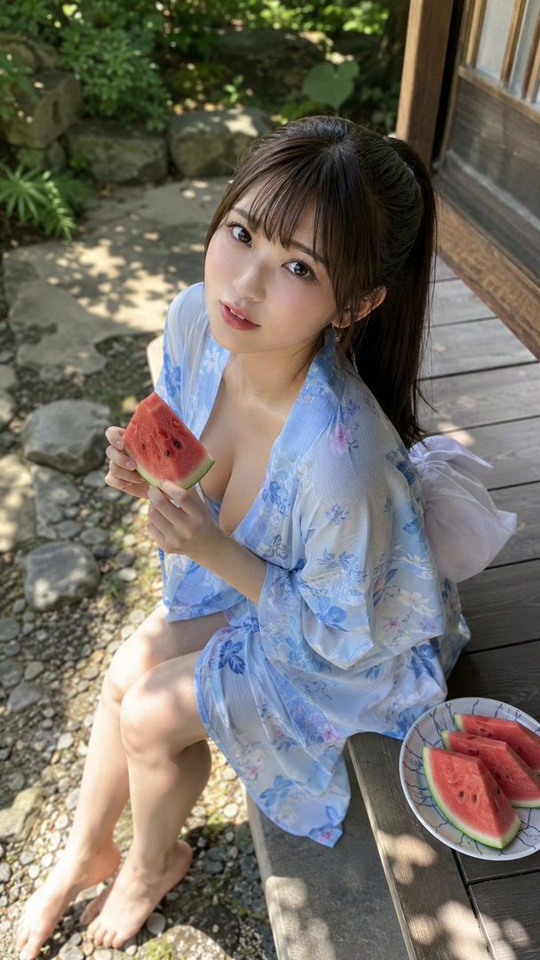 A young woman in a blue yukata with a floral pattern sits outdoors, holding a slice of watermelon and looking at the camera.