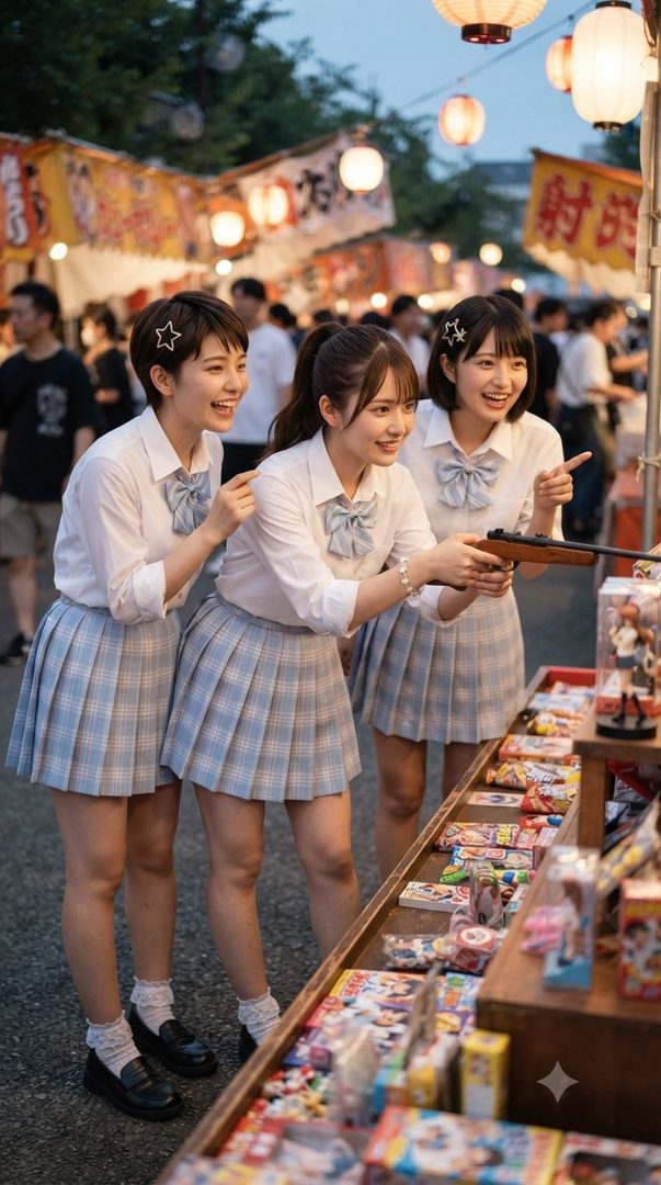 Three young Japanese women in school uniforms at a summer festival, playing a shooting game.