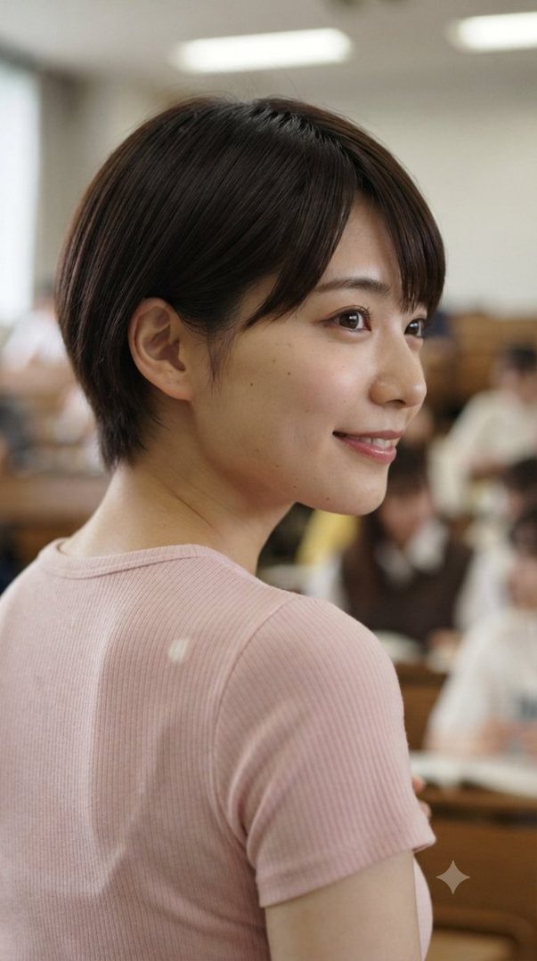 A young East Asian woman with short black hair smiles gently, looking to the side in a classroom setting.