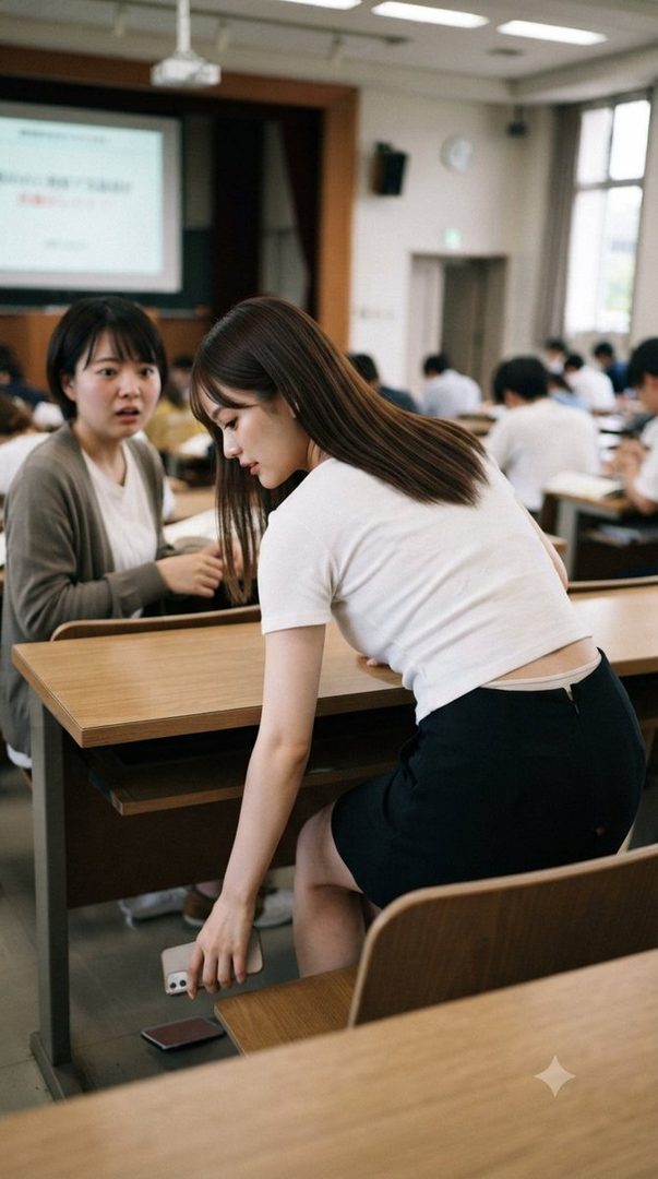 Two young women in a classroom setting, one reaching down to pick up a phone from the floor.