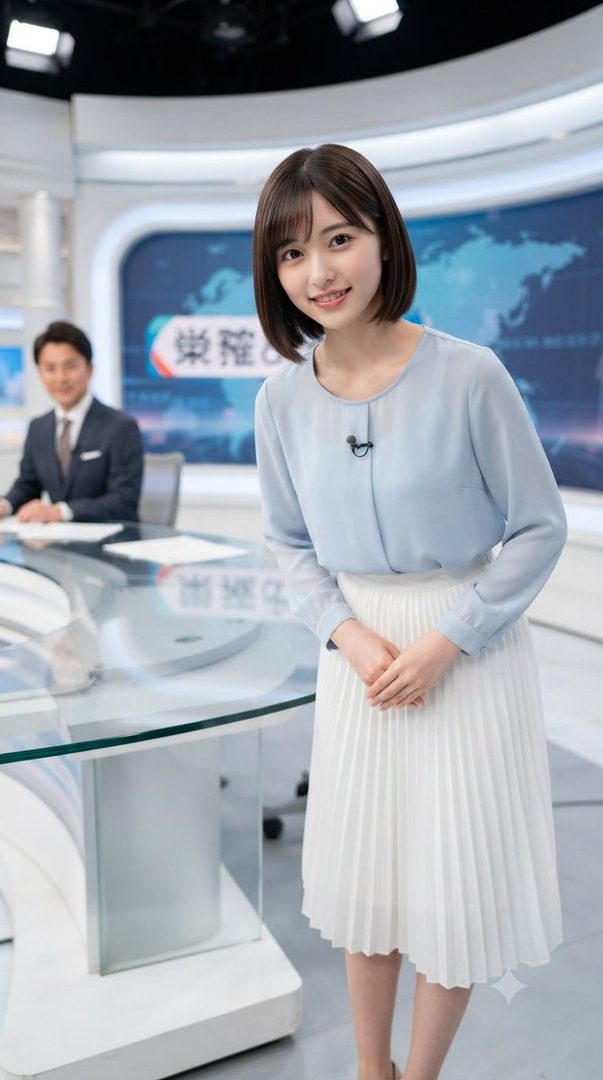 A smiling female news anchor in a light blue blouse and white pleated skirt stands in a news studio, with a male colleague blurred in the background.