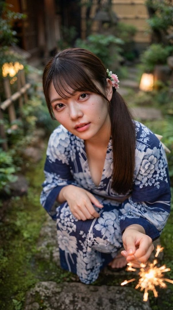 A young woman in a blue and white floral yukata holds a sparkler in a garden at night.