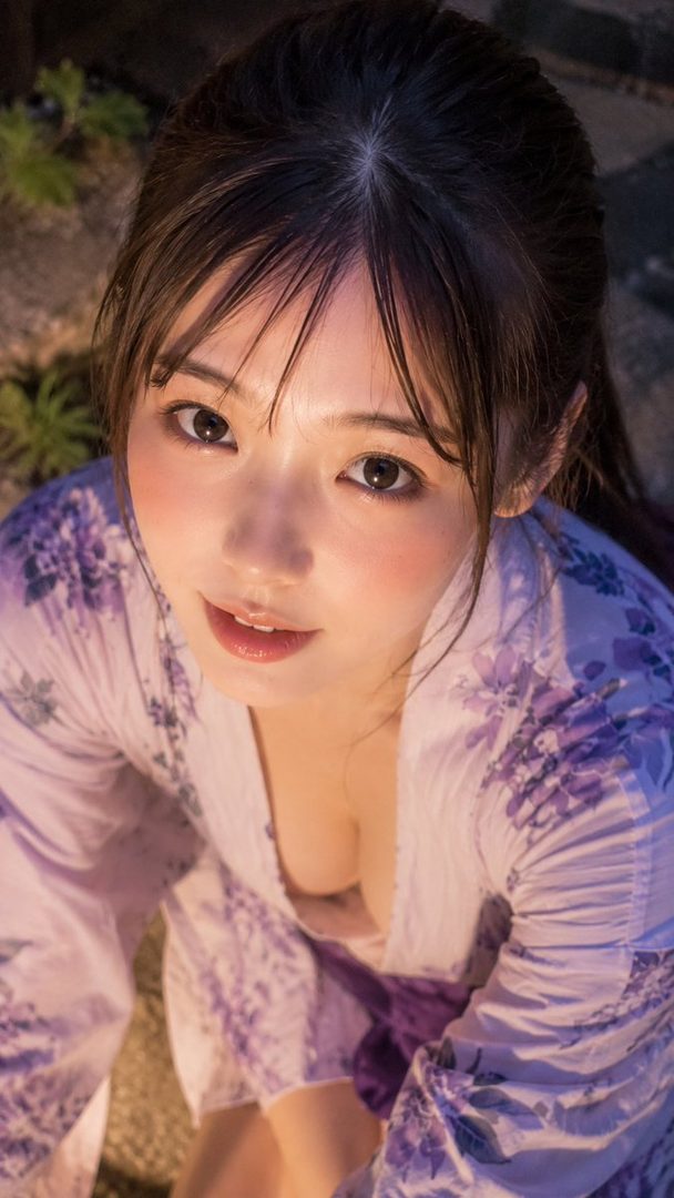 A young woman in a yukata looks up at the camera with a playful expression, her hair tied back.