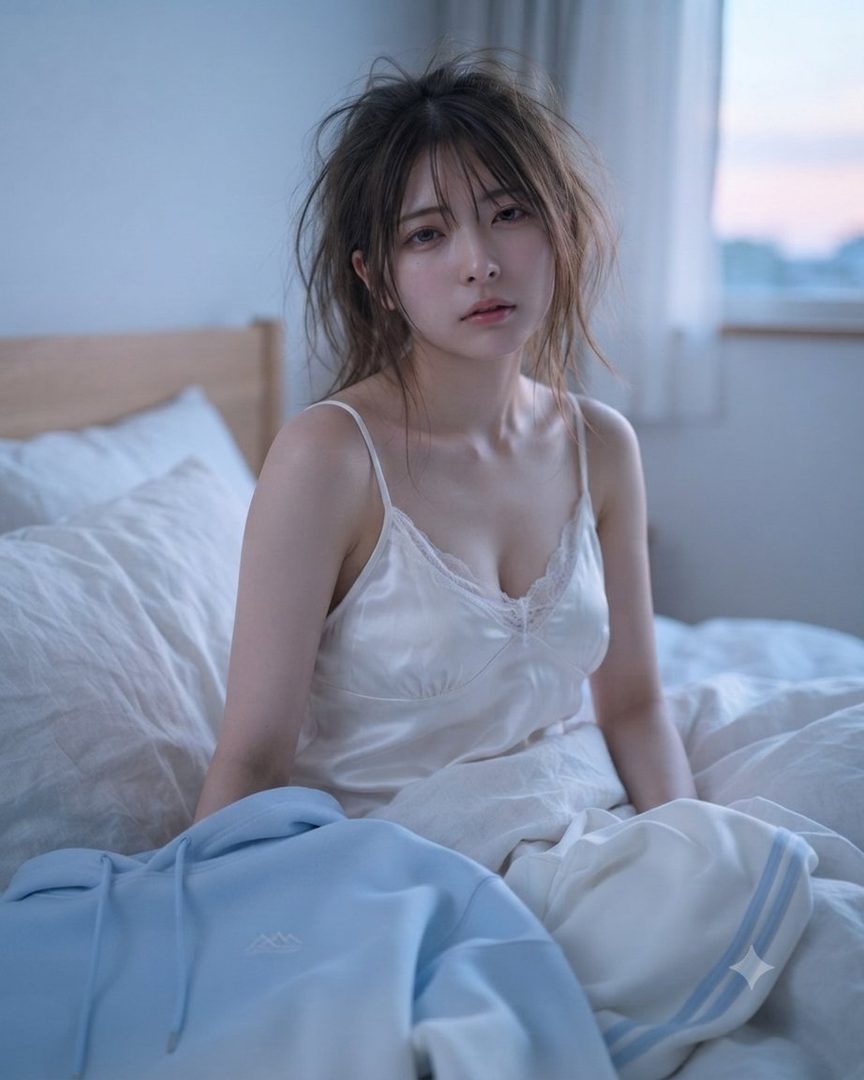 A young woman with messy brown hair wearing a white slip dress sits on a bed, looking at the camera.