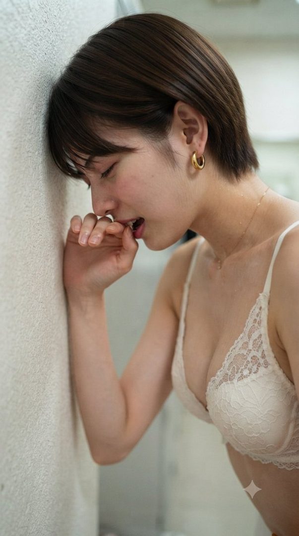 A young Japanese woman with short black hair, wearing a white lace bra, leans her head against a textured wall, biting her finger.