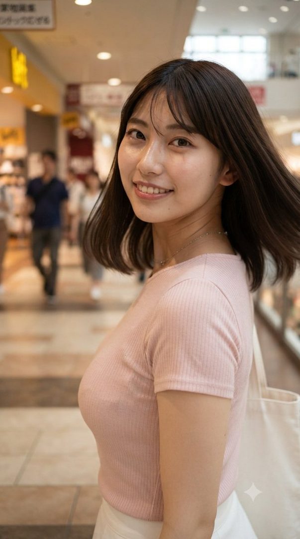 A young East Asian woman with short dark hair smiles at the camera while walking in a shopping mall.