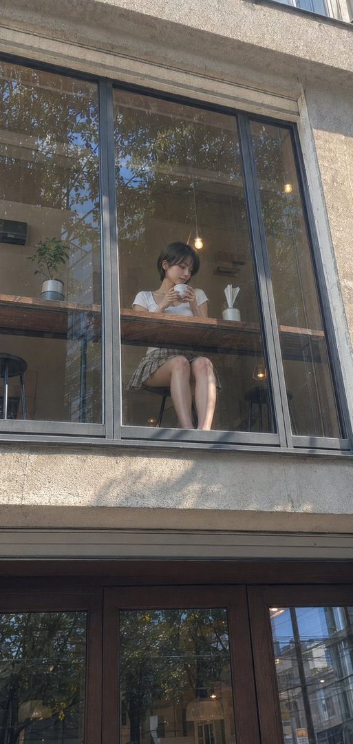 A young woman with short brown hair is seen through a large window, sitting at a wooden counter in a cafe and holding a white cup.