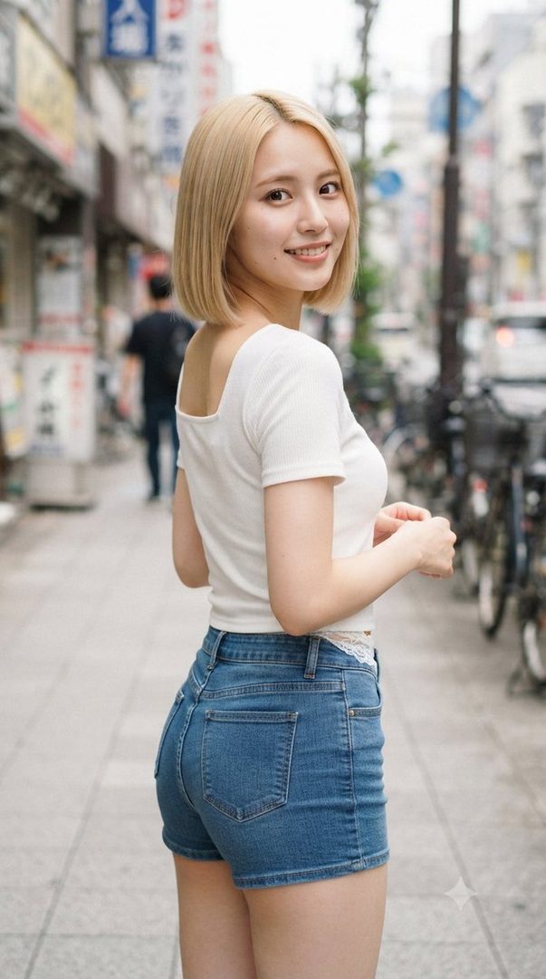 A young woman with short blonde hair smiles over her shoulder while walking down a city street, wearing a white top and denim shorts.