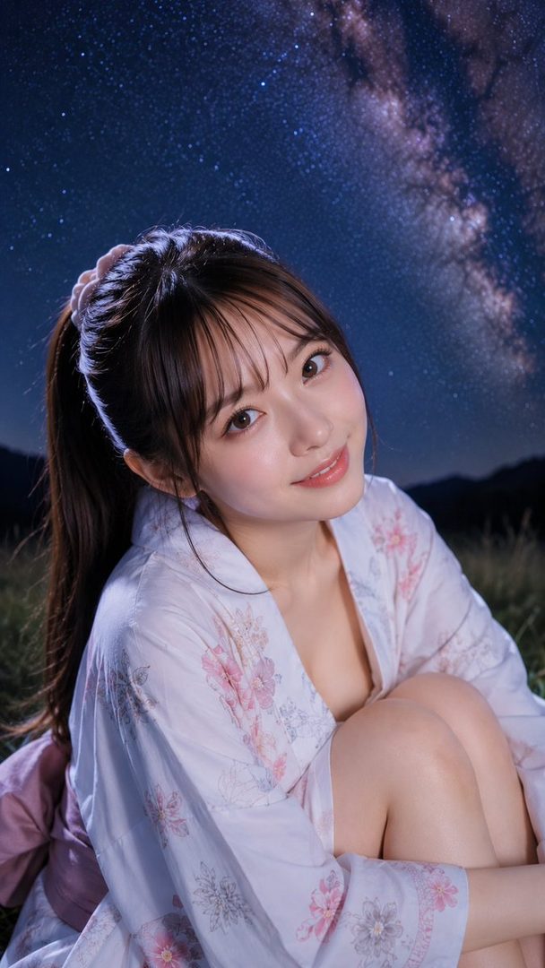 A young Japanese woman in a yukata poses playfully under a starry night sky with the Milky Way visible.