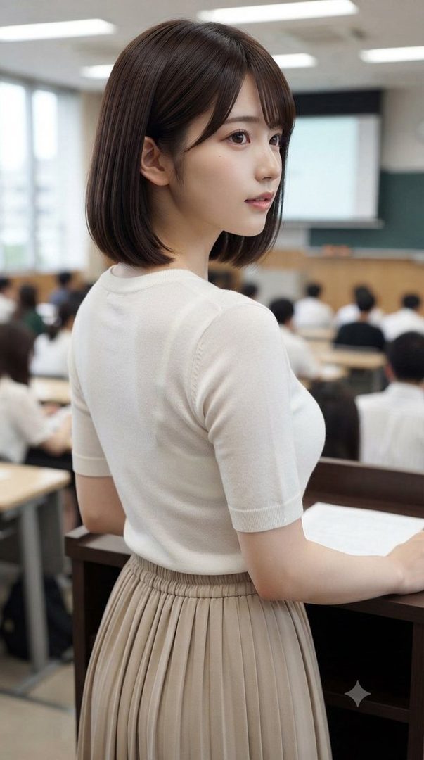 A young woman with short brown hair and bangs, wearing a white short-sleeved sweater and a beige pleated skirt, stands in a classroom setting.