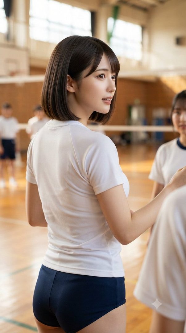 A young Japanese woman with short black hair, wearing a white t-shirt and dark blue athletic shorts, stands in a gymnasium, looking to the side with a gentle smile. Other students are blurred in the background.