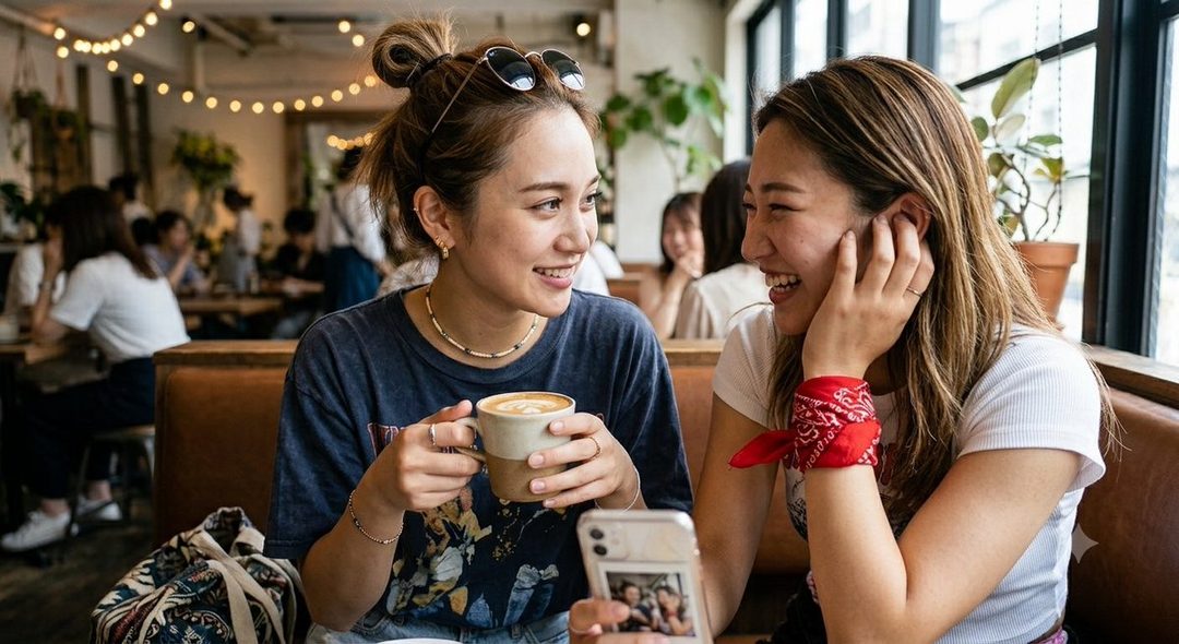 Two young East Asian women smiling and talking at a cafe, one holding a coffee cup and the other looking at a smartphone.