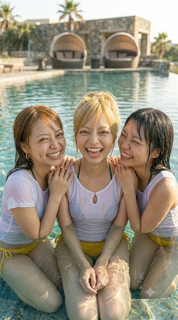 Three young East Asian women in white tops and yellow bikini bottoms smiling and posing in a swimming pool.