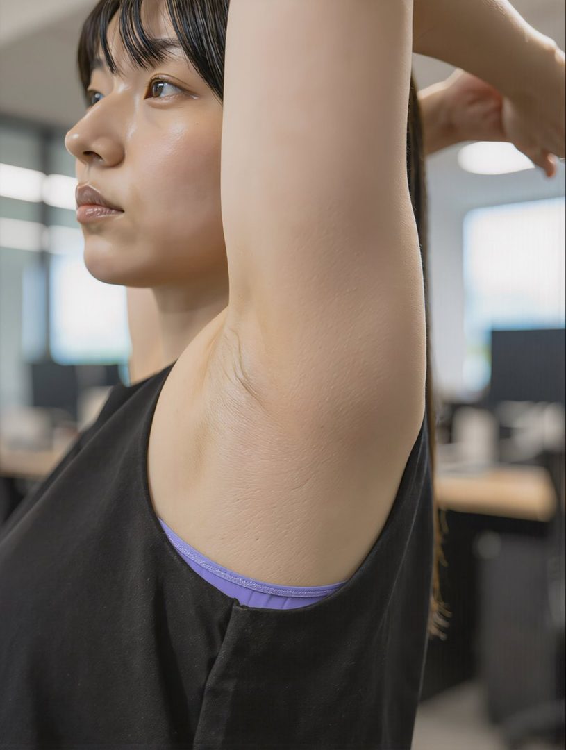 A young East Asian woman with black hair, wearing a black tank top and a purple sports bra, stretches her arms behind her head in an indoor setting.