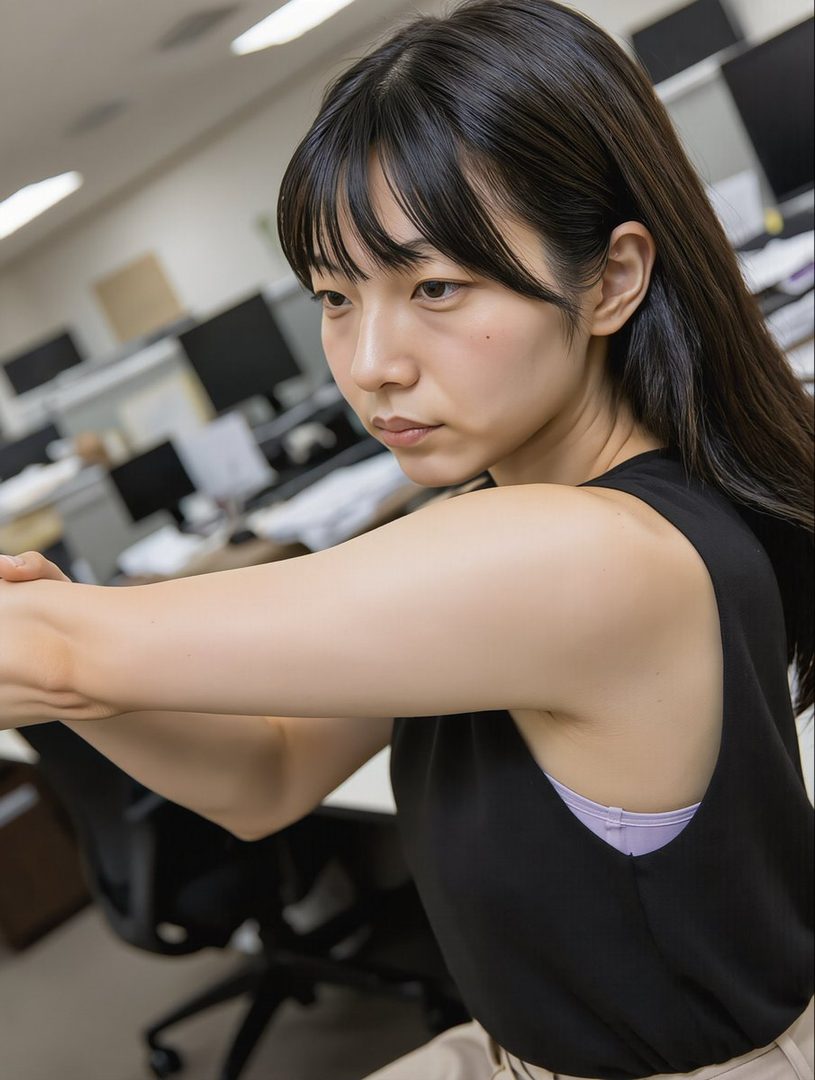 A young East Asian woman with long black hair and bangs, wearing a black sleeveless top, stretches in an office environment.