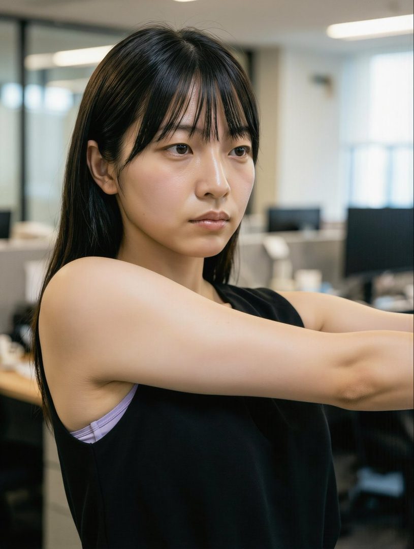 A young East Asian woman with long black hair and bangs, wearing a black sleeveless top, stretches her arms in an office setting.