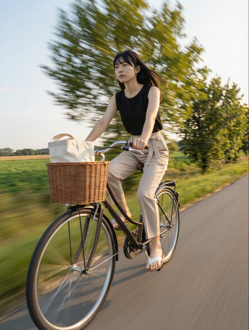 A young East Asian woman with long black hair rides a bicycle on a paved road lined with green fields and trees, carrying a basket with a bag.