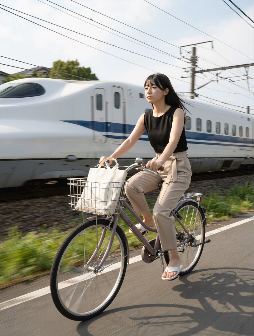 A young woman with long black hair rides a bicycle past a speeding train on a sunny day.