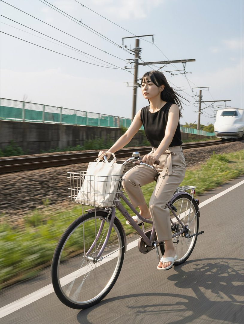 A young woman with long black hair rides a bicycle along a road next to train tracks, with a bullet train passing in the background.