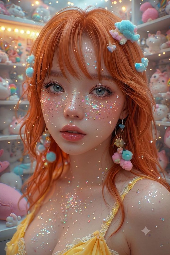 A photorealistic AI portrait of a young woman with vibrant orange hair, sparkling glitter makeup, and a yellow top, posing indoors surrounded by stuffed toys.
