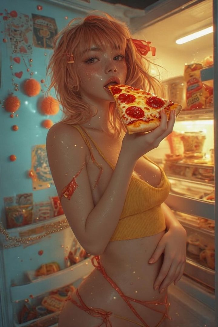 A young woman with blonde hair eating a slice of pizza in front of an open refrigerator.
