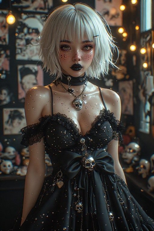 A photorealistic AI portrait of a young woman with short white hair, styled in a gothic black dress adorned with skulls and sparkles, posing indoors with a dark, atmospheric background.