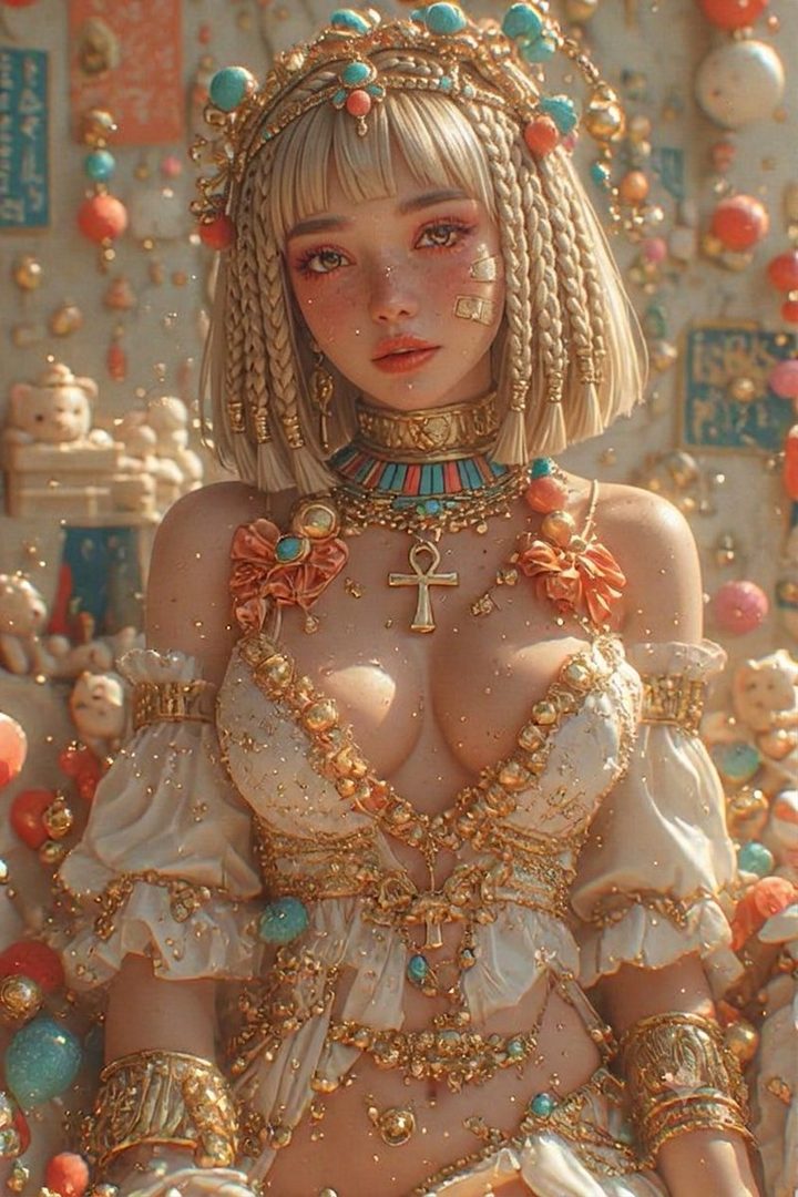 A photorealistic AI-generated portrait of a woman in an ornate Egyptian-inspired outfit, with blonde braided hair and heavy gold jewelry.