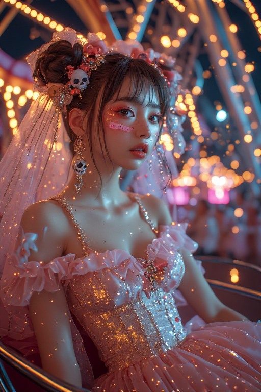 A young woman with elaborate pink hair ornaments and skull earrings, wearing a sparkling pink dress, poses in a neon carnival setting.