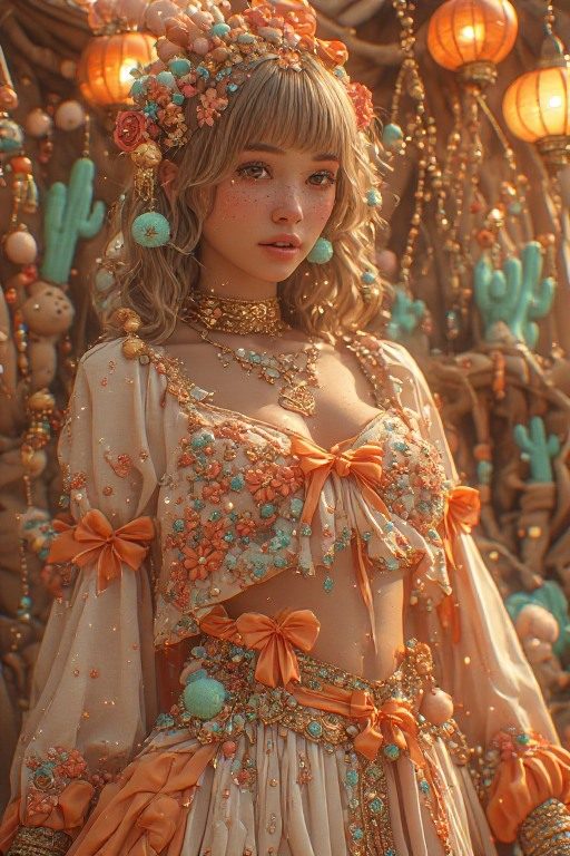 A beautiful AI-generated portrait of a young woman with blonde hair, adorned in an ornate, colorful outfit and jewelry, with a festive, outdoor background.