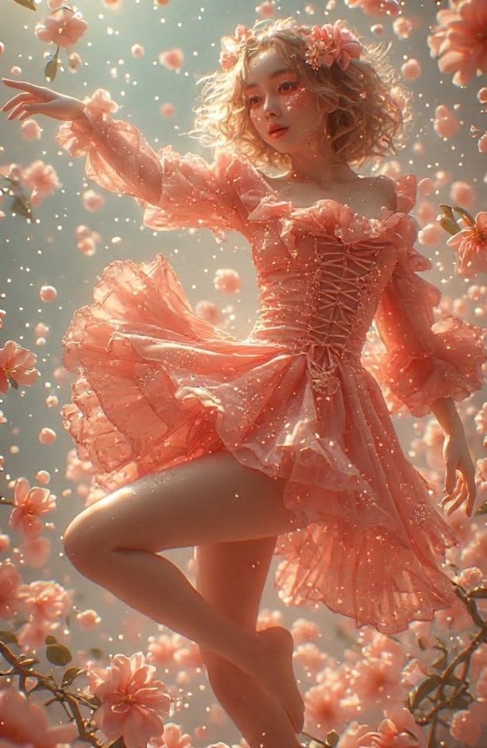 A young woman in a flowing pink dress with floral accents dances amidst a shower of petals and sparkles.