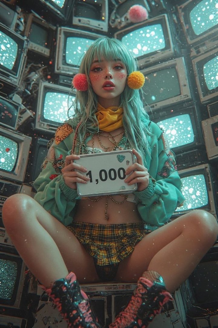 A young woman with long blue hair and playful makeup sits in front of a wall of vintage televisions, holding a sign that reads '1,000'.