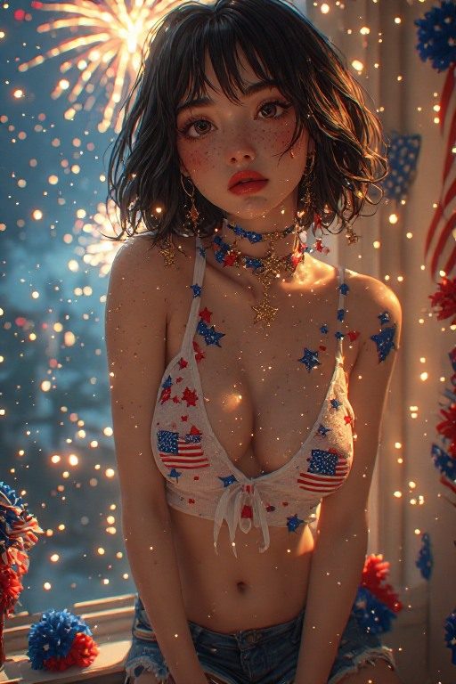 A young woman with short dark hair and freckles, wearing a patriotic bikini top and denim shorts, poses indoors with fireworks and American flags in the background.