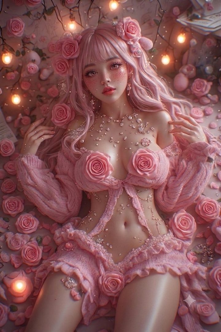 A beautiful AI-generated portrait of a woman with long pink hair, adorned with pink roses and sparkling gems, lying amidst a bed of roses and fairy lights.