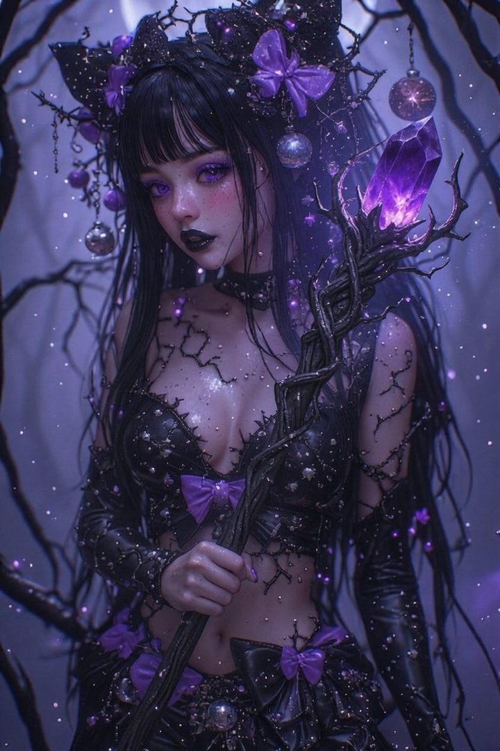 A dark fantasy portrait of a young woman with black hair, purple eyes, and cat ears, holding a crystal staff, dressed in a revealing black outfit adorned with purple bows.