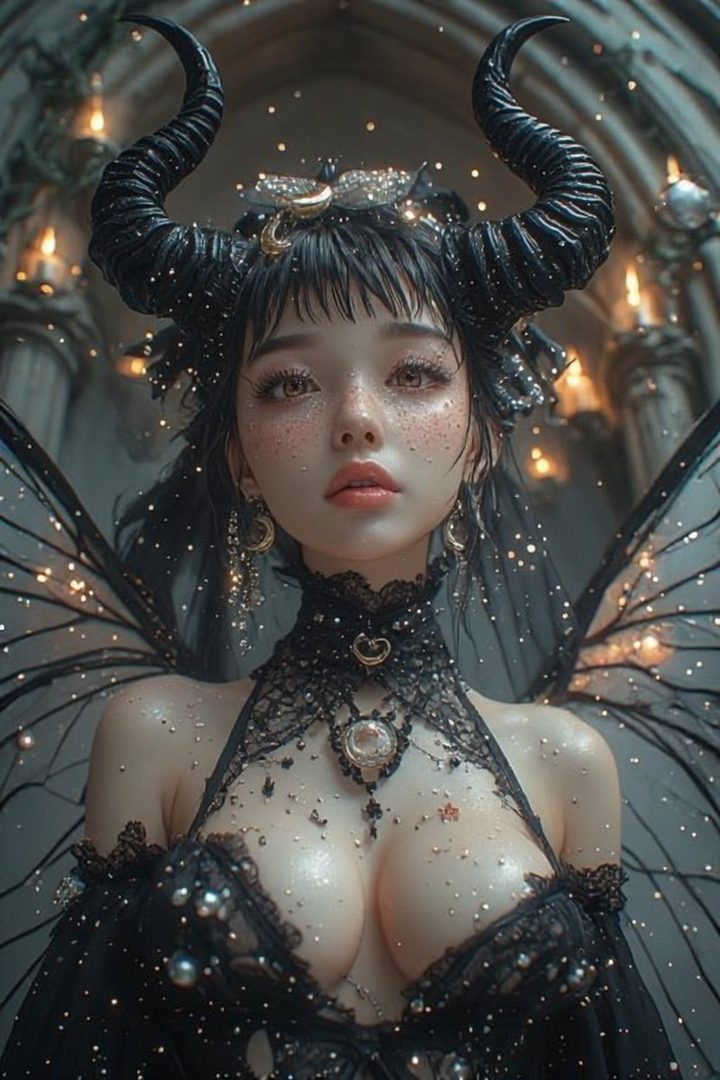 A dark fantasy portrait of an AI-generated woman with black horns and butterfly wings, wearing a black lace outfit and adorned with glitter.
