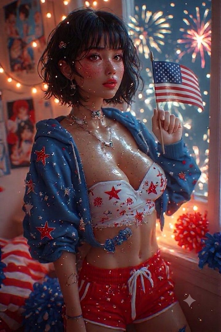 A young woman in a patriotic outfit holds an American flag, with fireworks in the background.