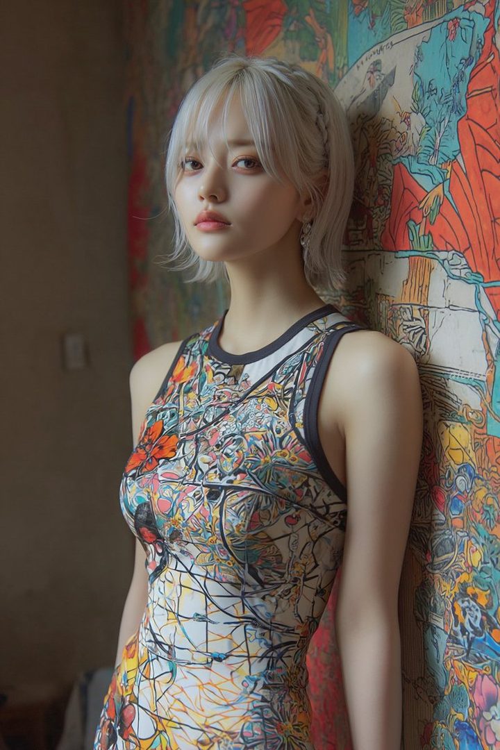 A young woman with short, light-colored hair and bangs, wearing a colorful patterned tank top, leans against a vibrant, artistic wall.