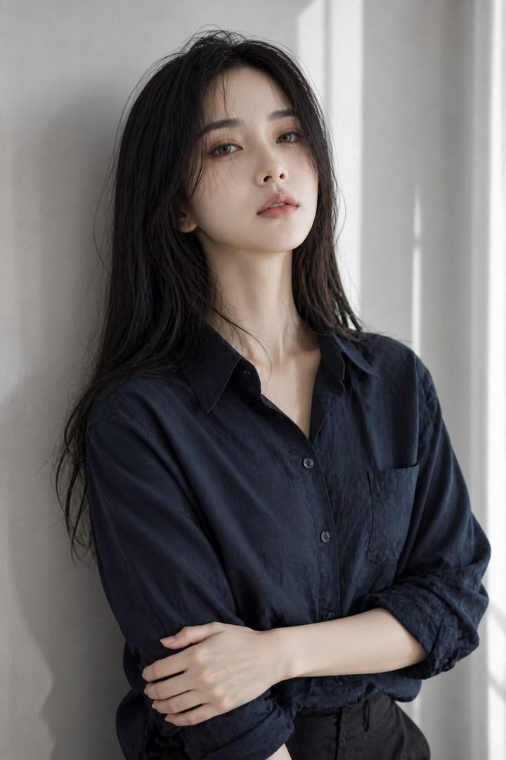 A young East Asian woman with long black hair, wearing a dark blue collared shirt, poses indoors against a light gray wall.