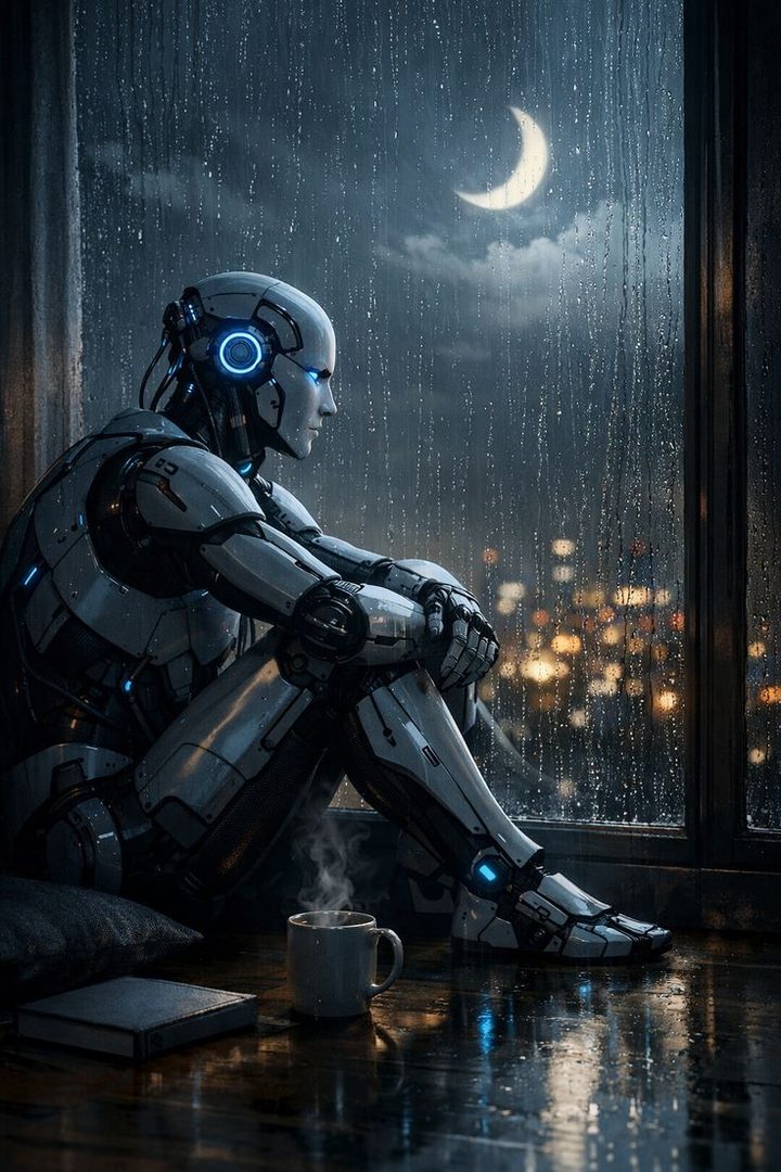 A photorealistic AI-generated portrait of a humanoid robot sitting by a window on a rainy night, looking out at the city lights with a crescent moon in the sky.