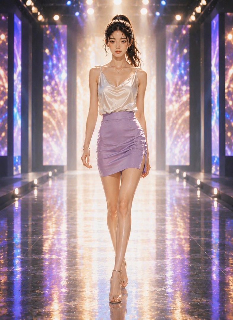 A young woman with her hair in a high ponytail walks down a brightly lit runway, wearing a satin camisole and a short purple skirt.