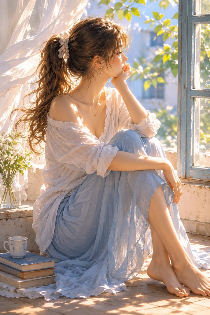 A young woman with long, curly brown hair in a ponytail, wearing a white off-the-shoulder top and a light blue skirt, sits by a window bathed in sunlight, looking thoughtfully into the distance.