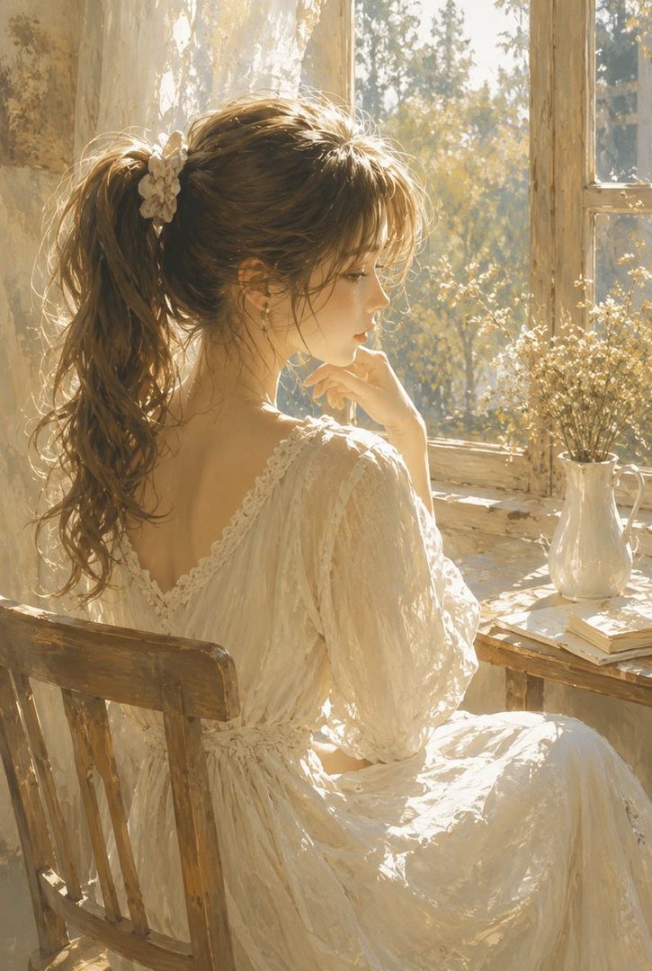 A young woman with her hair in a ponytail, wearing a white lace dress, sits by a window bathed in morning light, looking thoughtfully outside.